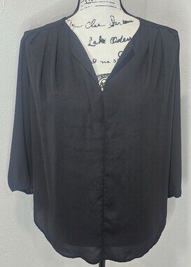 NWT Pleione Womens Black Sheer Pintuck Long Sleeve V-Neck Hi Low Blouse Size M